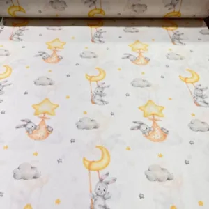 Cearsaf pentru pat copii Nichiduta Bunny with moon and stars 120x60 cm din bumbac cu banda elastica roata