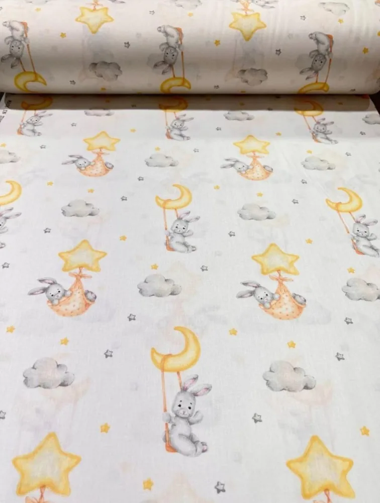Cearsaf pentru pat copii Nichiduta Bunny with moon and stars 120x60 cm din bumbac cu banda elastica roata