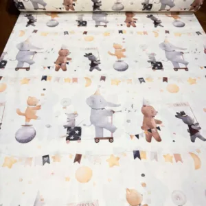 Cearsaf pentru pat copii Nichiduta Circus 120x60 cm din bumbac cu banda elastica roata