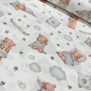 Cearsaf pentru pat copii Nichiduta Sleeping bear grey blanket 120x60 cm din bumbac cu banda elastica roata