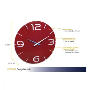 Ceas de perete colorat analog creat de designer model Contour rosu