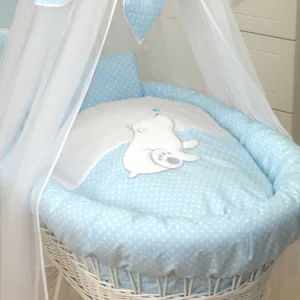 Cos bebe cu suport pe roti saltea lenjerie si baldachin Bear Heart Blue