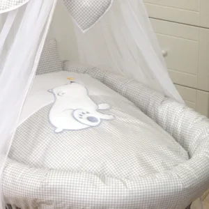 Cos bebe cu suport pe roti saltea lenjerie si baldachin Bear Heart Grey