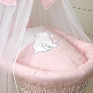 Cos bebe cu suport pe roti saltea lenjerie si baldachin Bear Heart Pink