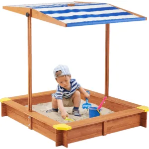 Cutie de nisip pentru copii Ginger Home Wood cu copertina reglabila si impermeabila tratata cu protectie UV