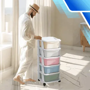 Dulap longitudinal cu roti si 5 compartimente multicolore pentru depozitare NiceKids