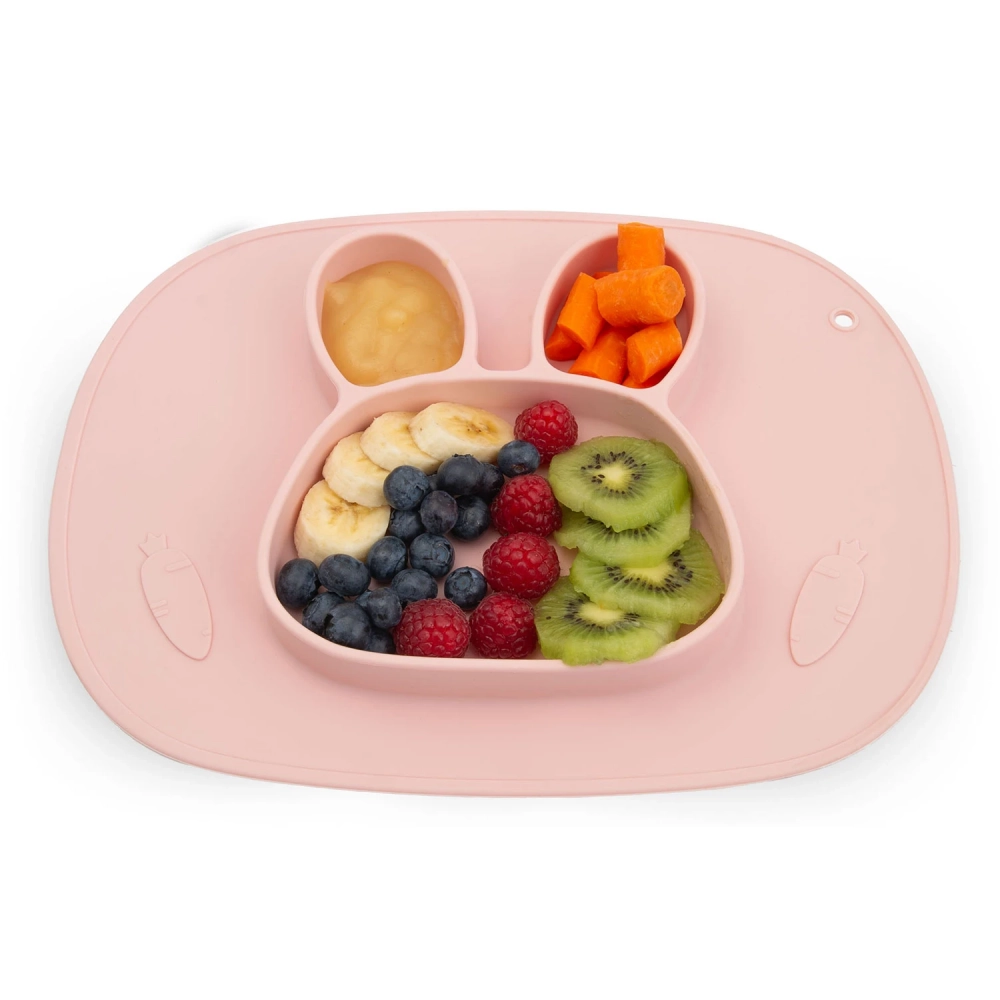 Farfurie compartimentata Ricokids Iepuras Roz cu capac din silicon