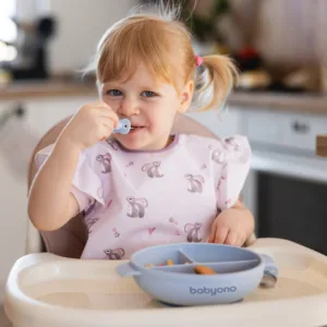 Farfurie din silicon cu ventuza si capac Babyono albastru