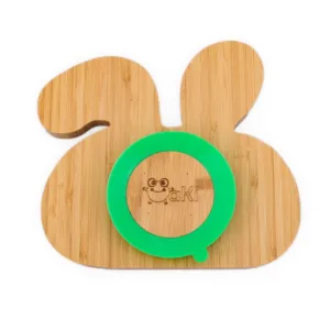 Farfurie iepuras Oaki din bambus organic cu baza tip ventuza verde