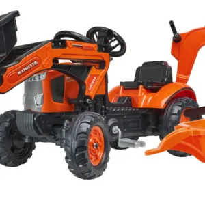 Jucarie Falk tractor cu pedale buldoexcavator Kubota cu excavator frontal si remorca cu excavator 2065N