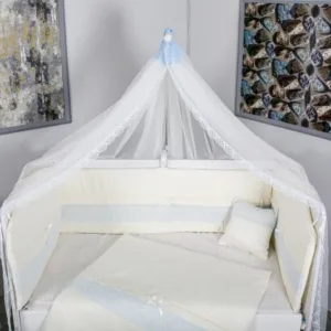 Lenjerie 11 piese Cream albastru cu baldachin 120x60 cm