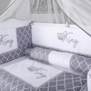 Lenjerie MyKids 10 piese King gri-alb cu baldachin 120x60 cm