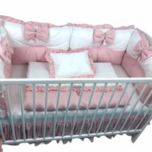 Lenjerie cu 6 aparatori pufoase si fundite Bicolore Roz Pal 120x60 cm