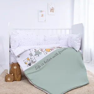 Lenjerie cu 7 piese pentru patut 120x60 cm Lorelli Lily Happy Friends Mint din bumbac ranforce