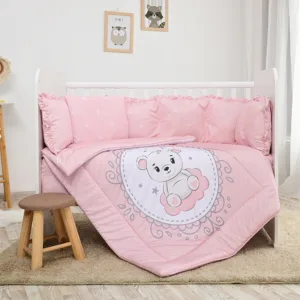 Lenjerie cu 7 piese pentru patut 120x60 cm Lorelli Lily Little Bear Pink din bumbac ranforce