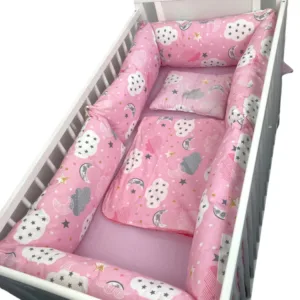 Lenjerie cu perne lungi pat 140x70 cm Norisori cu luna roz