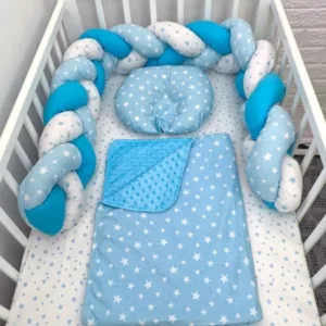 Lenjerie de pat 120x60 cm cu aparatoare impletita 180 cm mix stelute albastre