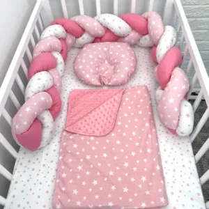 Lenjerie de pat 120x60 cm cu aparatoare impletita 180 cm mix stelute roz