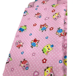 Lenjerie de pat 3 piese cu cearceaf plapumioara si pernuta slim 140x70 cm Croitoria Noastra bufnite roz