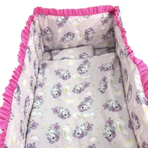 Lenjerie de pat 3 piese cu cearceaf plapumioara si pernuta slim 140x70 cm Croitoria Noastra unicorni Roz