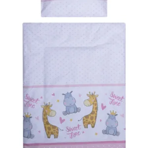 Lenjerie din bumbac cu 5 piese pentru saltea 120x60 cm Beberoyal HippoGiraffe Roz ambalata intr-o gentuta de transport