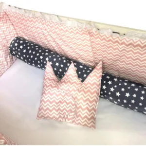 Lenjerie patut 140x70 cm 7 piese cu bumper Deseda Zig-Zag roz
