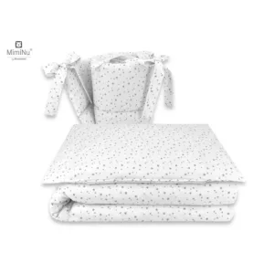 Lenjerie patut 3 piese cu protectie laterala Mini Gray Stars din bumbac pentru patut 120x60 cm