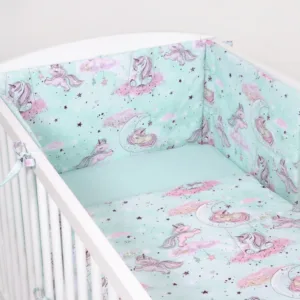 Lenjerie patut 3 piese cu protectie laterala Unicorn Mint