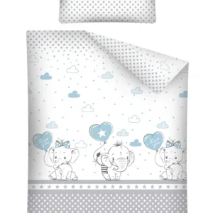 Lenjerie patut cu 3 piese 120x60 cm Elefant cu balon inima albastra