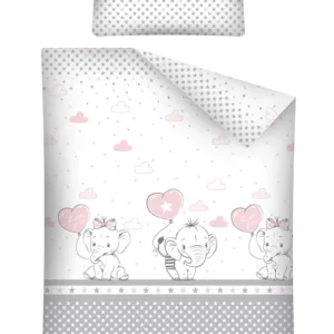 Lenjerie patut cu 3 piese 120x60 cm Elefant cu balon inima roz