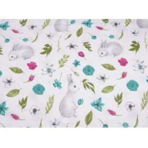 Lenjerie patut cu 3 piese 120x60 cm din bumbac model Iepurasi si flori