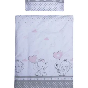 Lenjerie patut cu 3 piese 120x60 cm fete de schimb Elefant cu balon inima roz