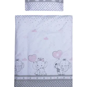 Lenjerie patut cu 4 piese 140x70 cm Elefant cu balon inima roz