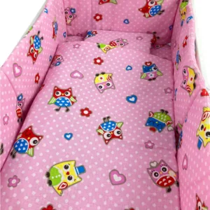 Lenjerie patut cu 5 piese Croitoria Noastra Bufnite pe roz 120x60 cm