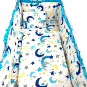 Lenjerie patut cu 5 piese Croitoria Noastra Stelute cu luna albastre 140x70 cm
