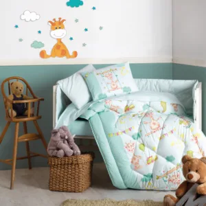 Lenjerie patut cu 6 piese Baby Ranforce Giraffe Green