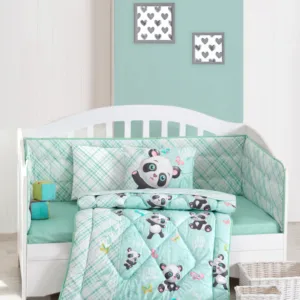 Lenjerie patut cu 6 piese Baby Ranforce Panda Mint
