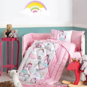 Lenjerie patut cu 6 piese Baby Ranforce Unicorn Pink