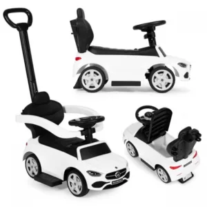 Masinuta pentru copii Ecotoys Mercedes C Class Alb cu maner de impins