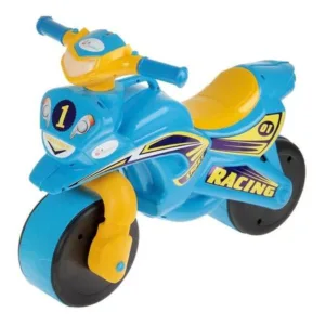 Motocicleta pentru copii fara pedale Racing 01391 AlbastruGalben prevazuta cu butoane pentru efecte sonore