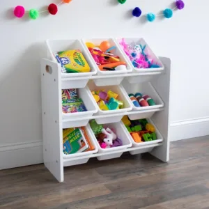 Organizator din lemn Ginger Home pentru jucarii cu 9 cutii din plastic Alb