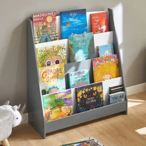 Organizator din lemn pentru copii Ginger Home AlbGri cu 4 rafturi pentru carti si reviste