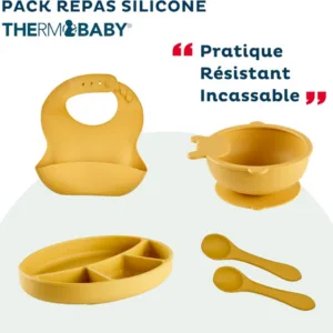 Pachet vesela din silicon Galben Thermobaby farfurie compartimentata cu ventuza