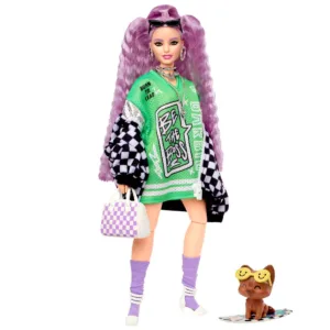 Papusa Barbie Extra cu Jacheta Sport si Par Mov