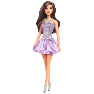 Papusa Barbie Fashionistas cu par castaniu si rochie violet