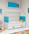 Pat copii casuta Domy alb-albastru saltea inclusa 160 x 80 cm