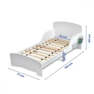 Pat copii cu protectie laterala si raft depozitare carti si jucarii model Dinozaur 3-8 ani din lemn MDF alb