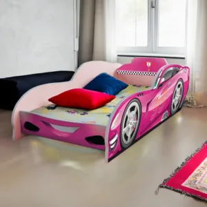 Pat pentru copii masina Turbo Speed 95 Roz cu saltea