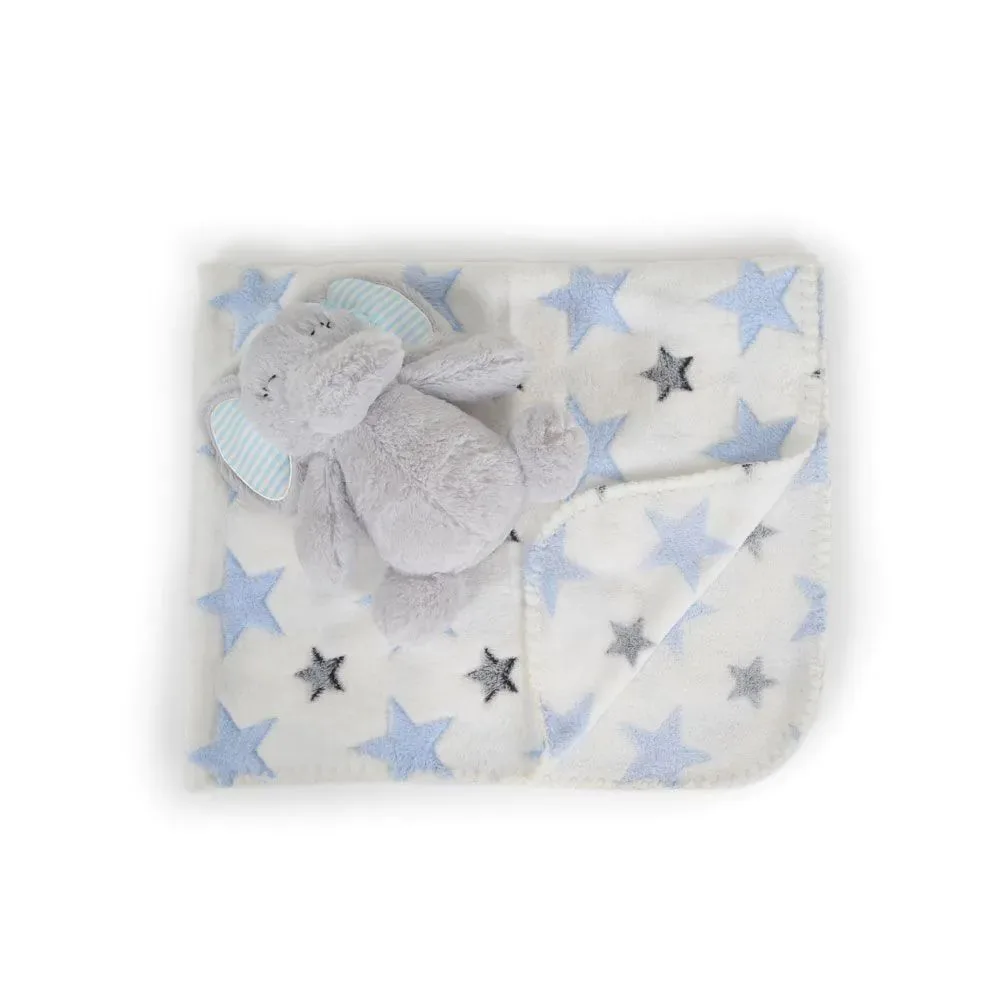 Patura cu jucarie de plus pentru bebelusi Cangaroo 90 x 75 cm Elefant Albastru