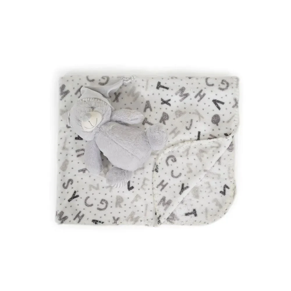 Patura cu jucarie de plus pentru bebelusi Cangaroo 90 x 75 cm Urs Gri